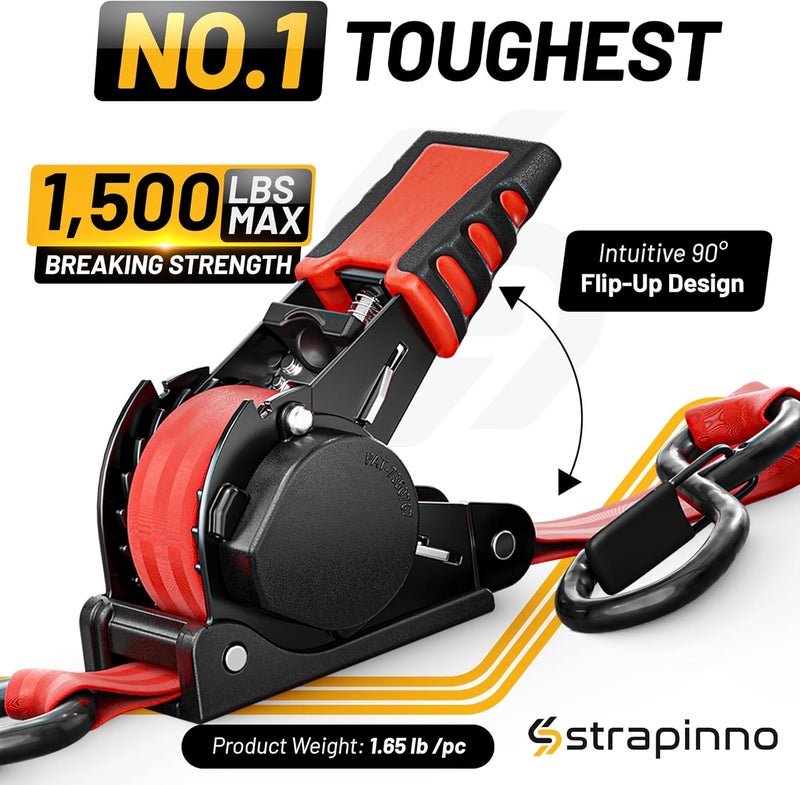 Strapinno Retractable Ratchet Straps 1 in x 10 ft, Secure Tie-Downs with Rubber-Coated Steel Handles, for Motorcycle, Jetski, Kayak, Breaking Strength 1,500LBS/680KG (Red Strap, Black Coated) - Image 2